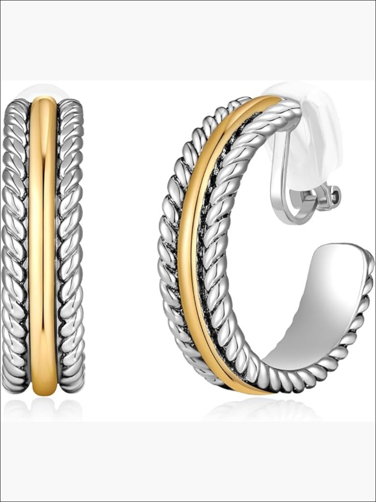 Silver And Gold Plated Twisted Rope Hoop Clip On Earrings - Lightweight Non